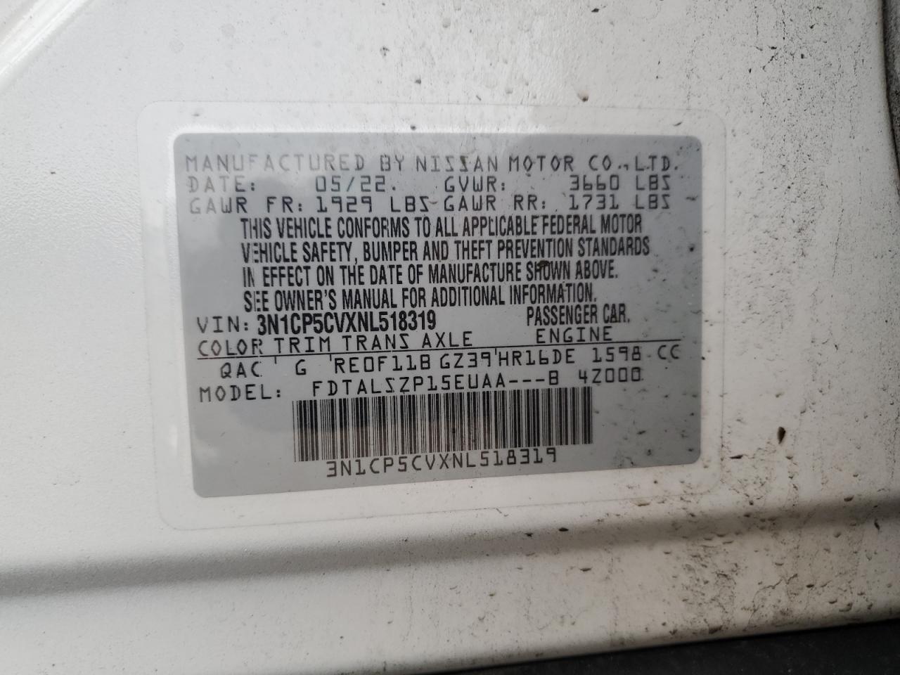 2022 NISSAN KICKS SV VIN:3N1CP5CVXNL518319