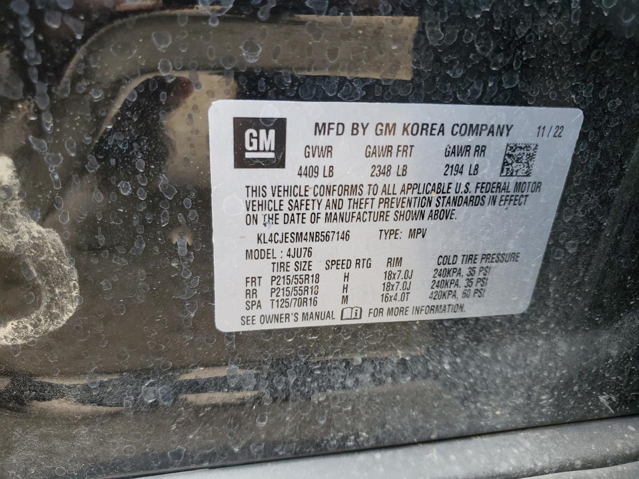 2022 BUICK ENCORE PREFERRED VIN:KL4CJESM4NB567146