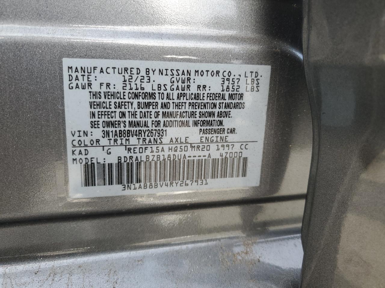 2024 NISSAN SENTRA S VIN:3N1AB8BV4RY267931