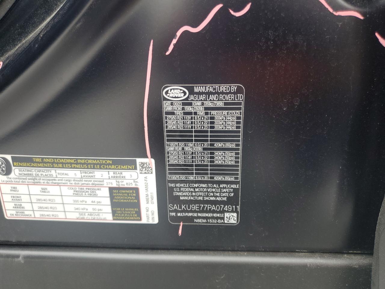 2023 LAND ROVER RANGE ROVER SV VIN:SALKU9E77PA074911