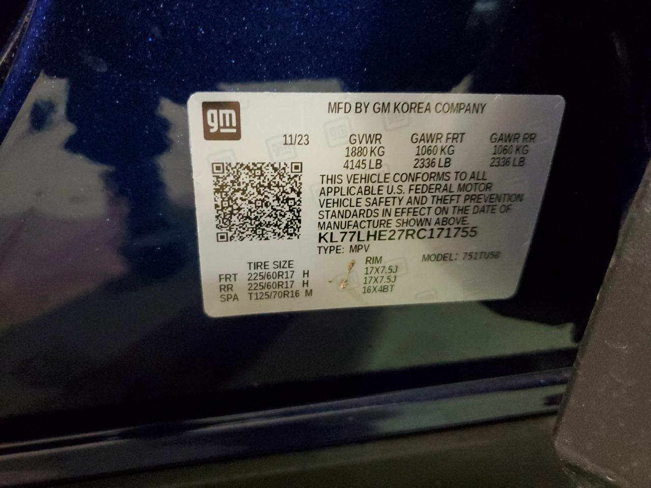 2024 CHEVROLET TRAX 1LT VIN:KL77LHE27RC171755