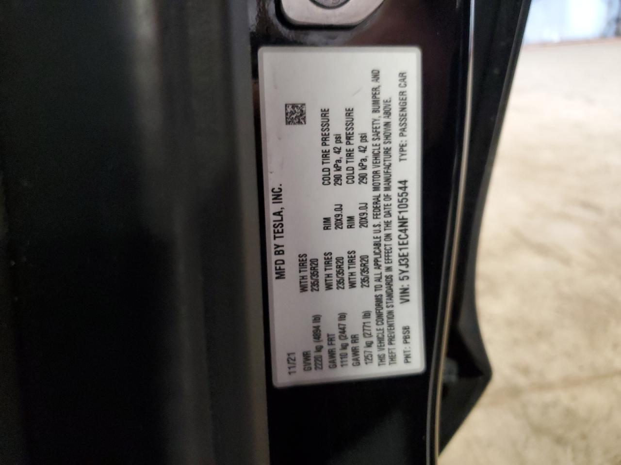2022 TESLA MODEL 3 VIN:5YJ3E1EC4NF105544