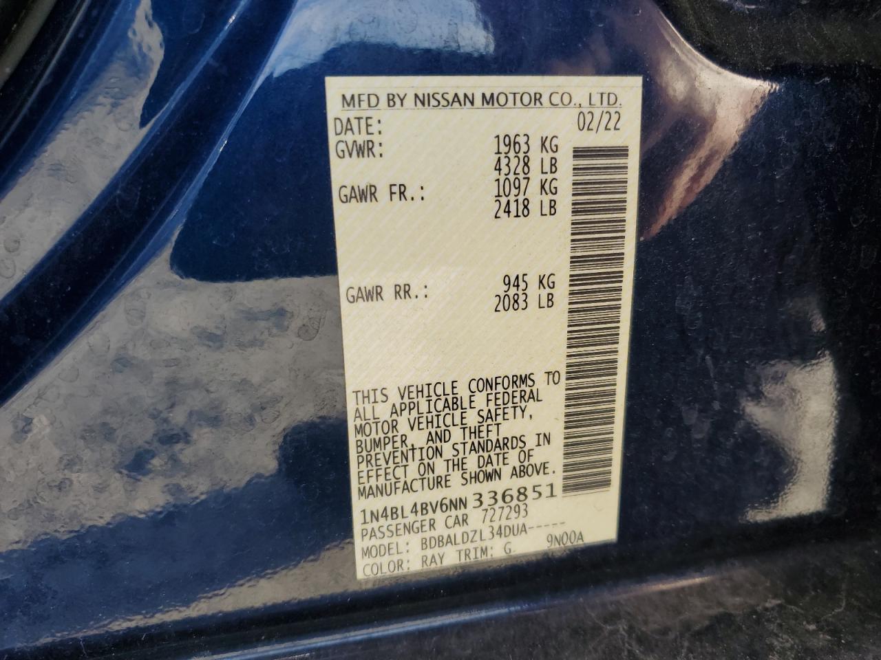 2022 NISSAN ALTIMA S VIN:1N4BL4BV6NN336851