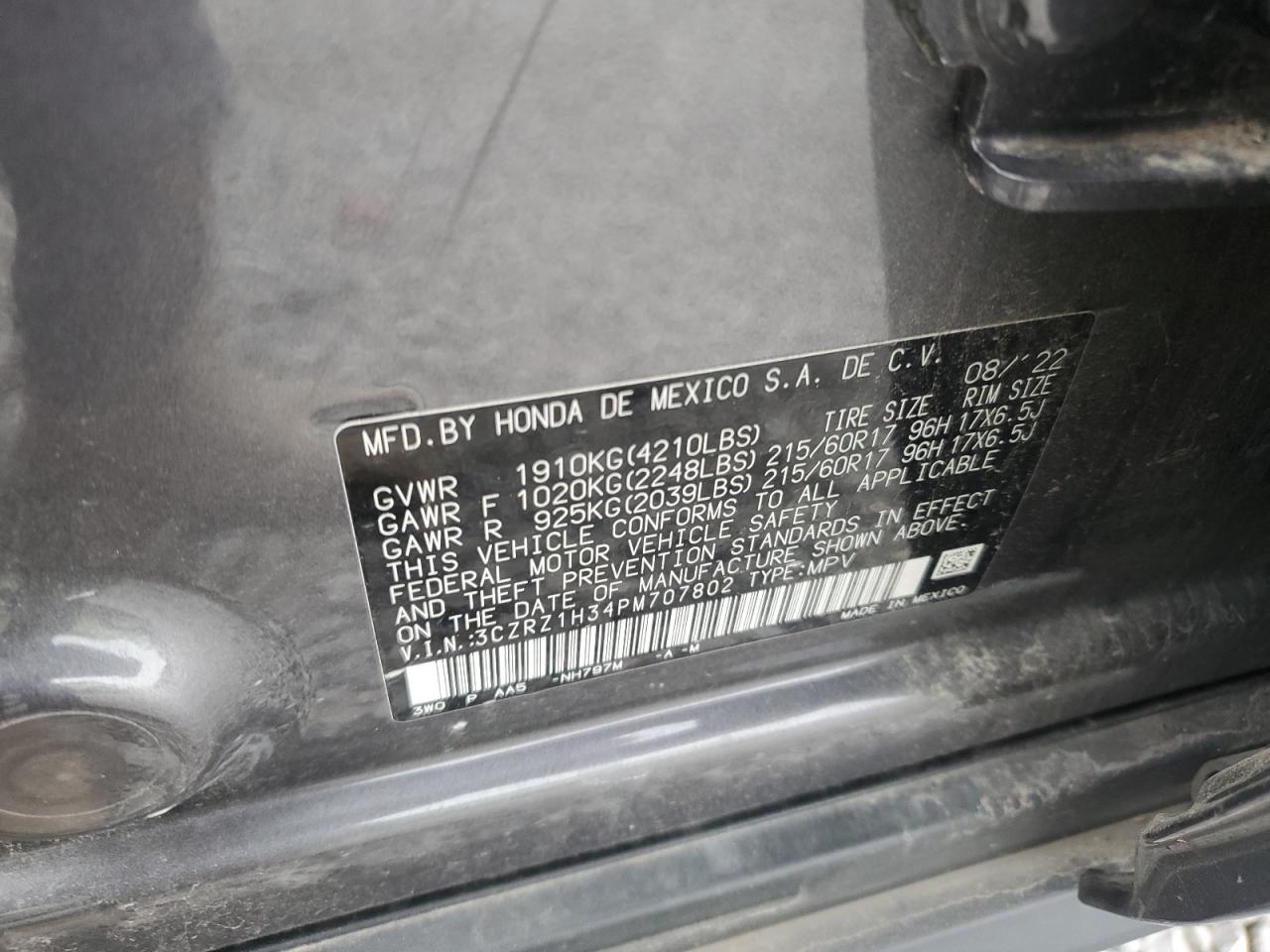 2023 HONDA HR-V LX VIN:3CZRZ1H34PM707802