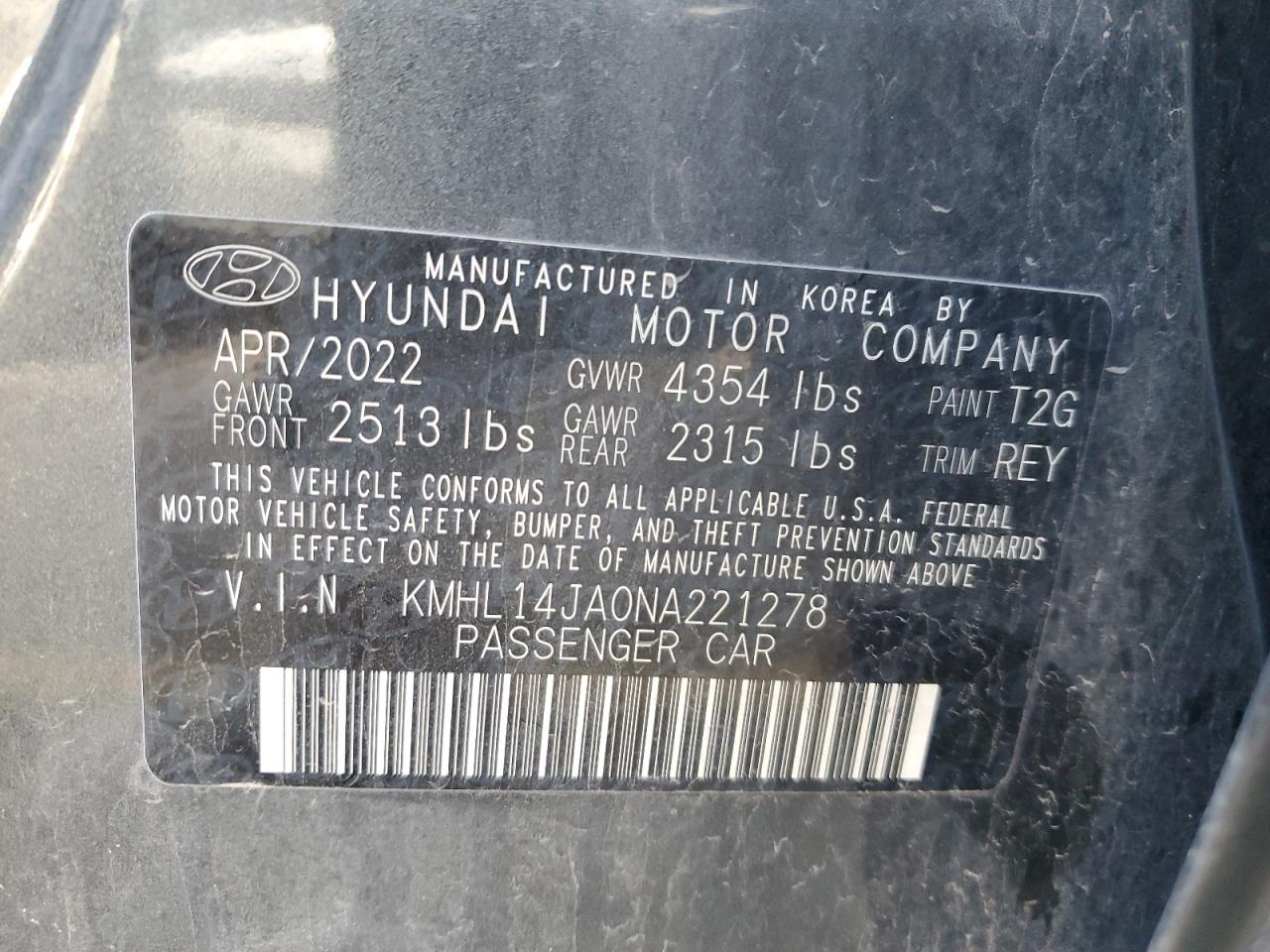 2022 HYUNDAI SONATA SEL VIN:KMHL14JA0NA221278