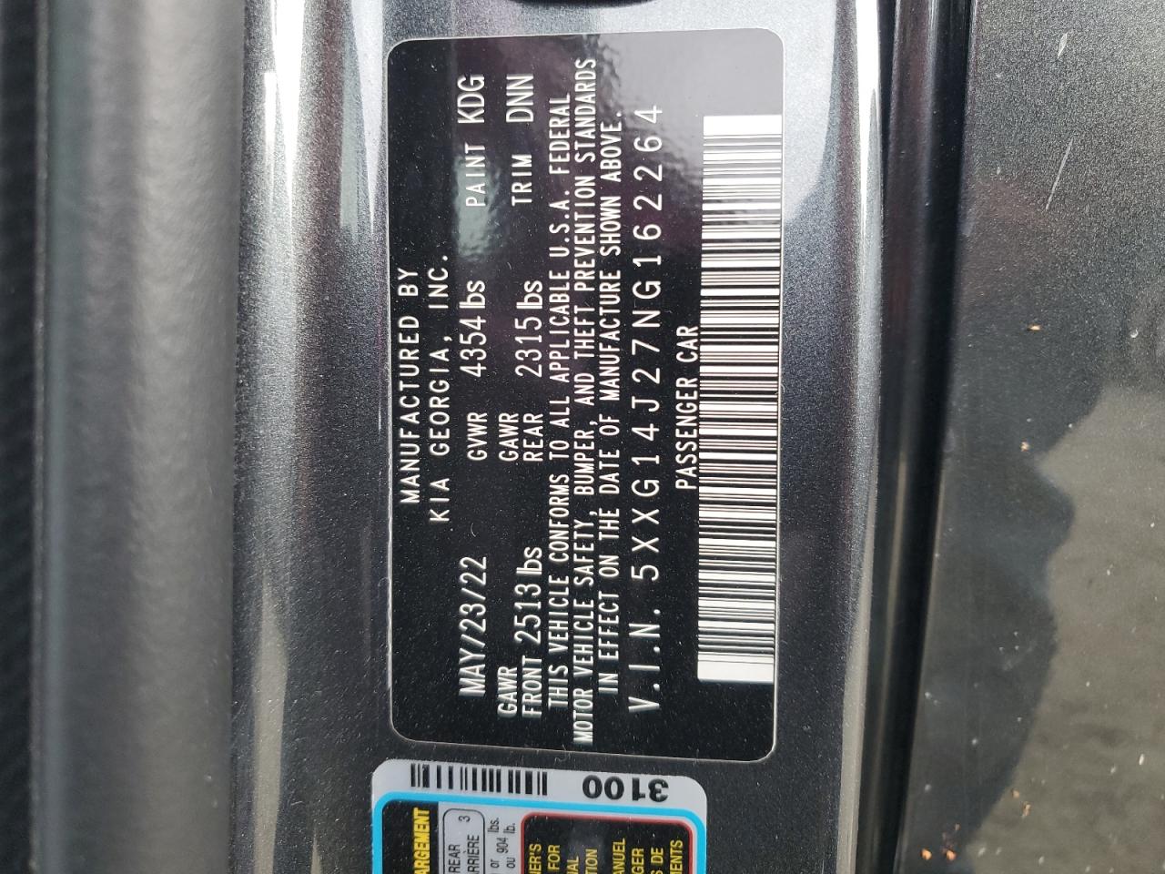 2022 KIA K5 LXS VIN:5XXG14J27NG162264