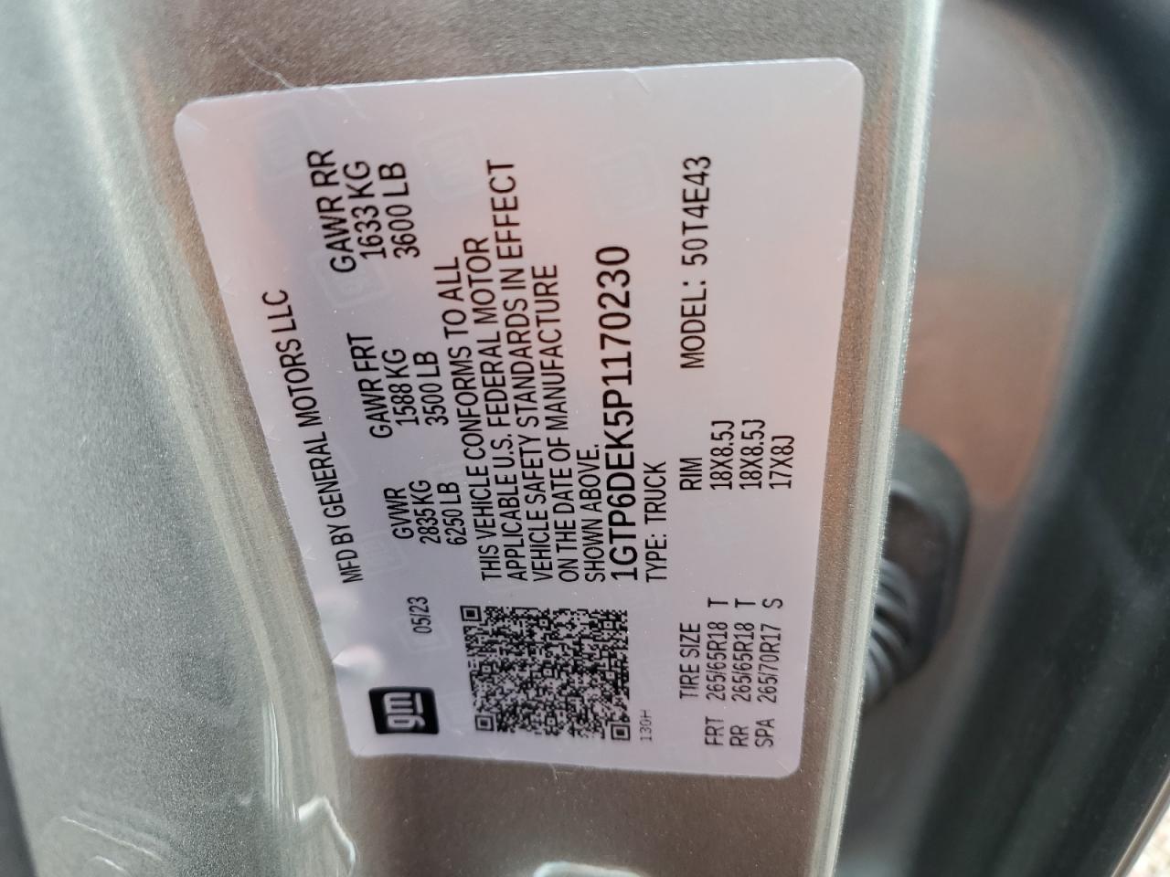 2023 GMC CANYON AT4 VIN:1GTP6DEK5P1170230