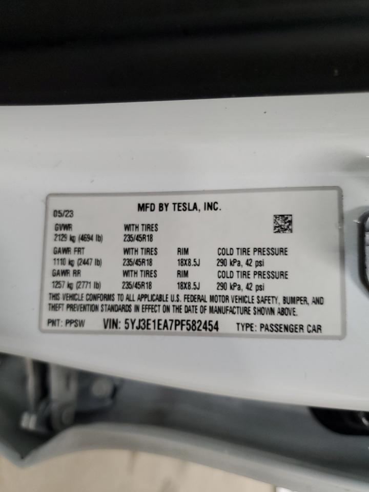 2023 TESLA MODEL 3 VIN:5YJ3E1EA7PF582454