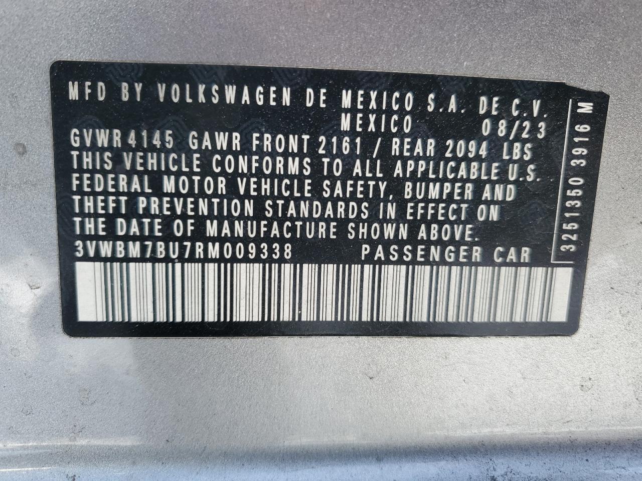 2024 VOLKSWAGEN JETTA SPORT VIN:3VWBM7BU7RM009338