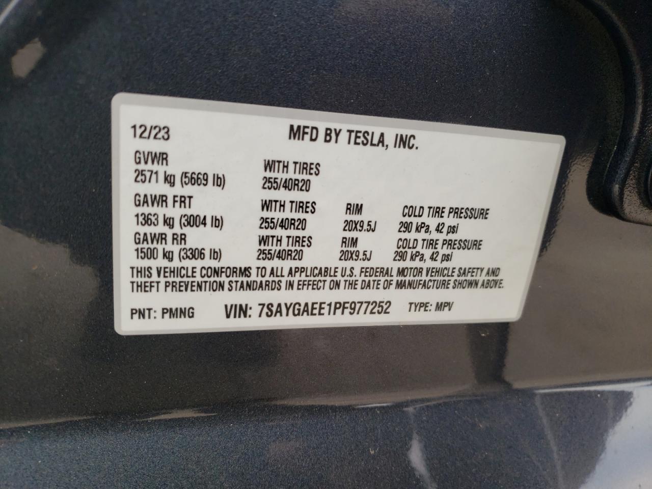 2023 TESLA MODEL Y VIN:7SAYGAEE1PF977252