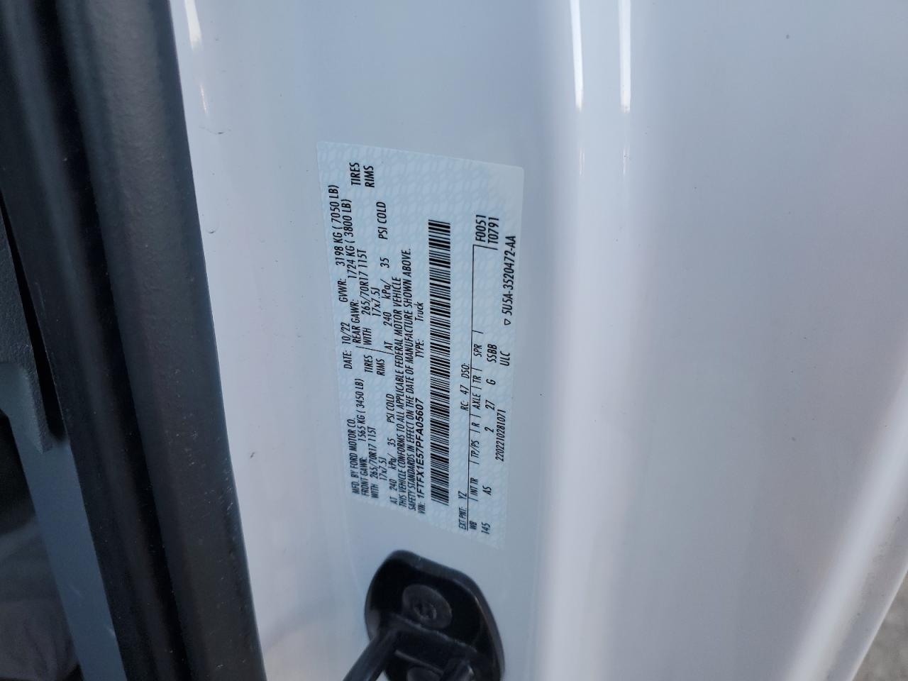 2023 FORD F150 SUPER CAB VIN:1FTFX1E57PFA05607