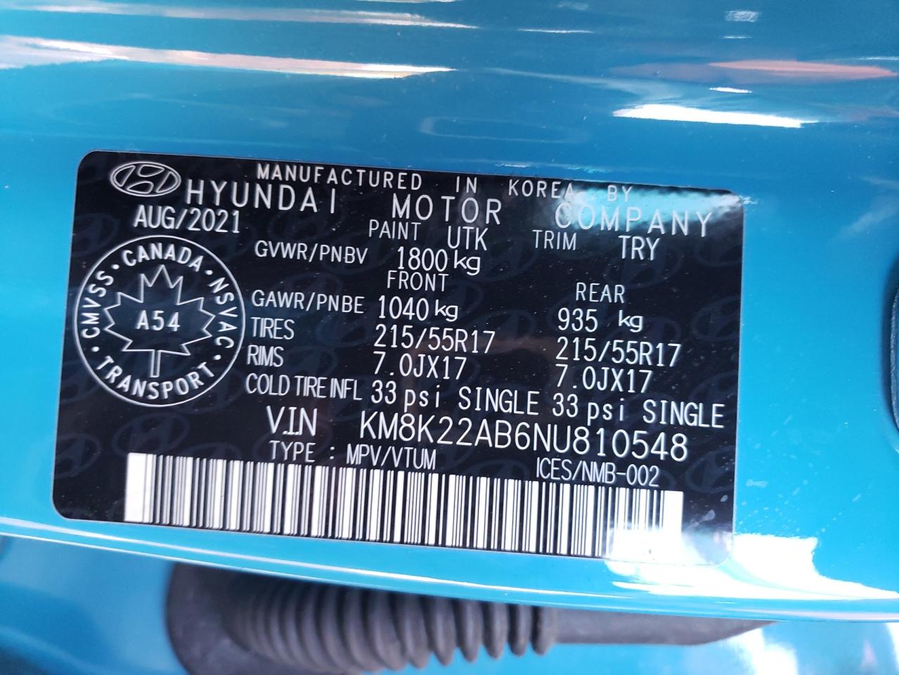 2022 HYUNDAI KONA SEL VIN:KM8K22AB6NU810548