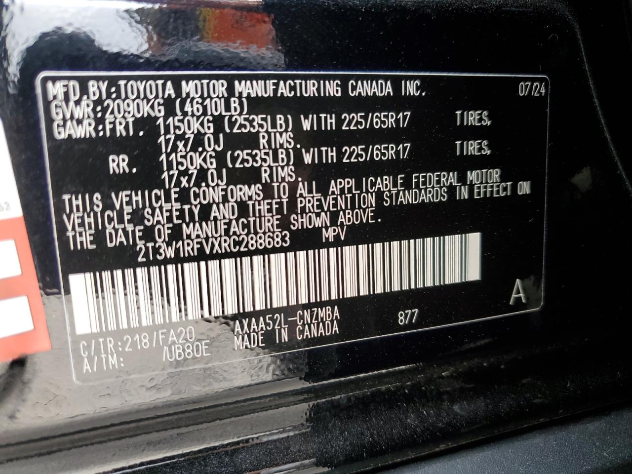 2024 TOYOTA RAV4 XLE VIN:2T3W1RFVXRC288683