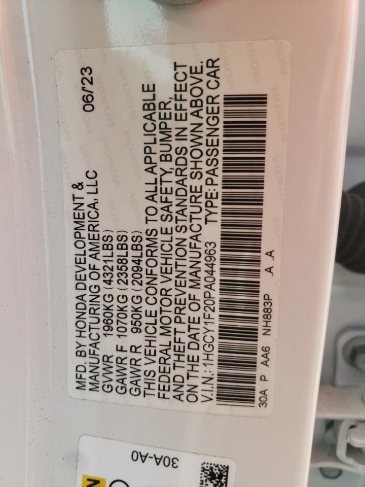 2023 HONDA ACCORD LX VIN:1HGCY1F20PA044963