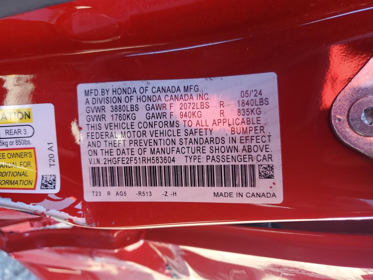 2024 HONDA CIVIC SPORT VIN:2HGFE2F51RH583604