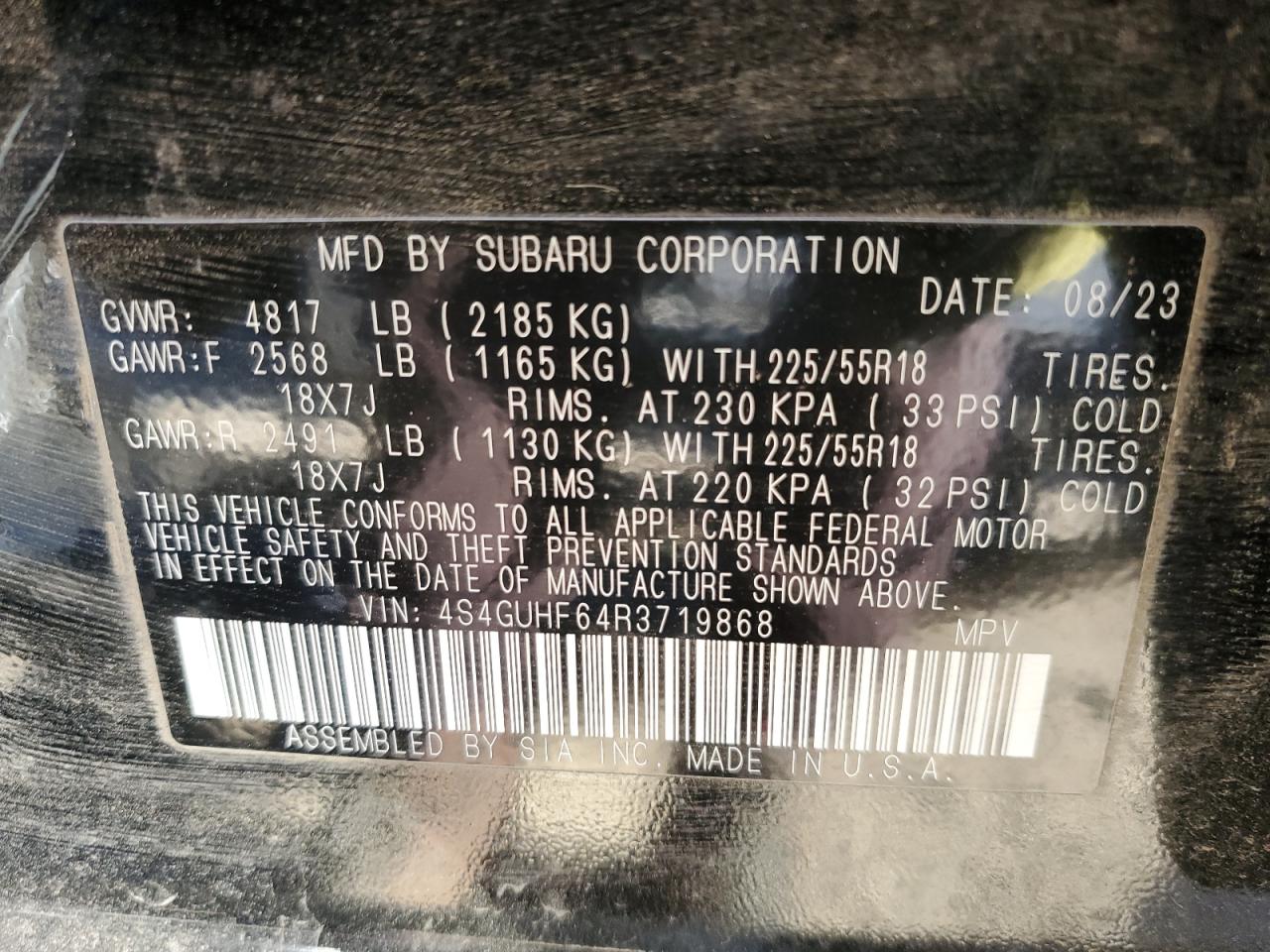 2024 SUBARU CROSSTREK SPORT VIN:4S4GUHF64R3719868