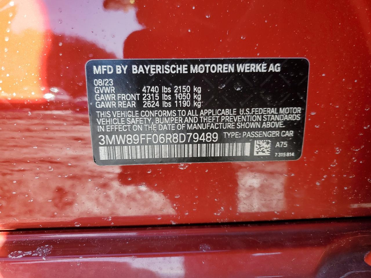 2024 BMW 330XI VIN:3MW89FF06R8D79489