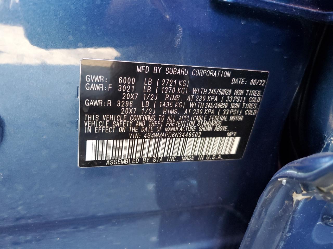 2022 SUBARU ASCENT LIMITED VIN:4S4WMAPD6N3448502