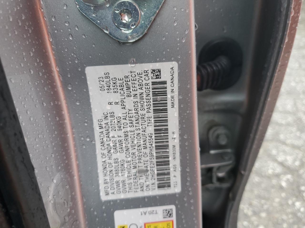 2023 HONDA CIVIC SPORT VIN:2HGFE2F59PH545549