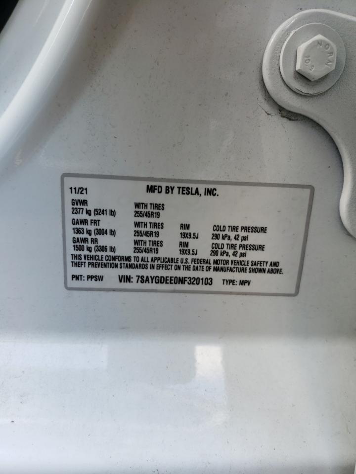 2022 TESLA MODEL Y VIN:7SAYGDEE0NF320103
