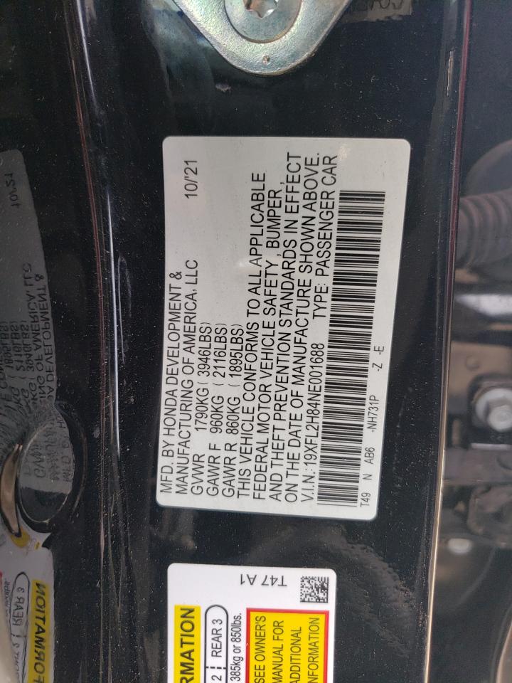 2022 HONDA CIVIC SPORT VIN:19XFL2H84NE001688