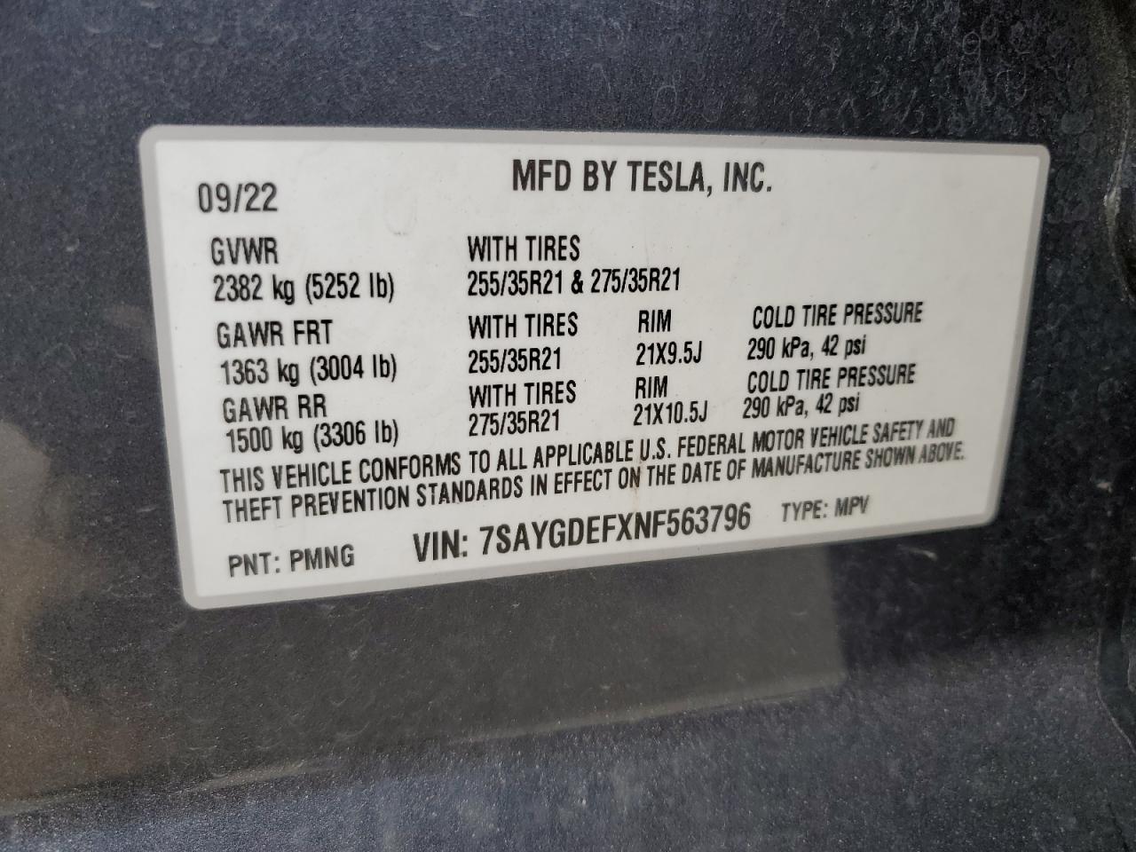 2022 TESLA MODEL Y VIN:7SAYGDEFXNF563796