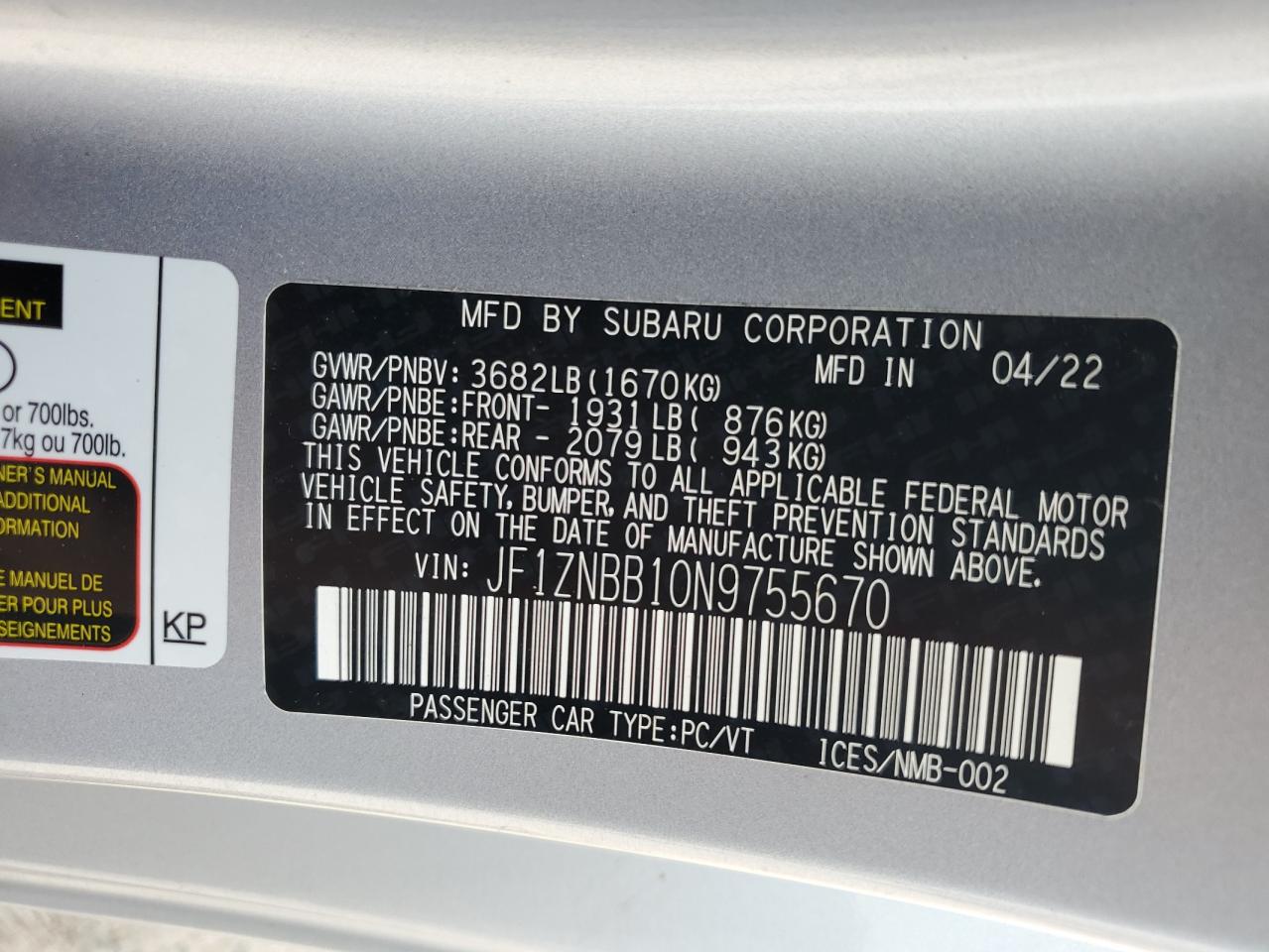 2022 TOYOTA GR 86 VIN:JF1ZNBB10N9755670