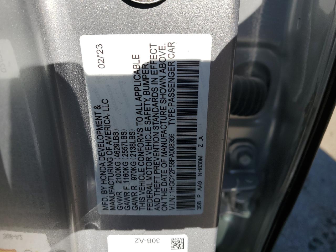 2023 HONDA ACCORD HYBRID SPORT VIN:1HGCY2F58PA008356