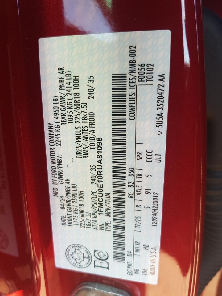2024 FORD ESCAPE VIN:1FMCU0E10RUA81098
