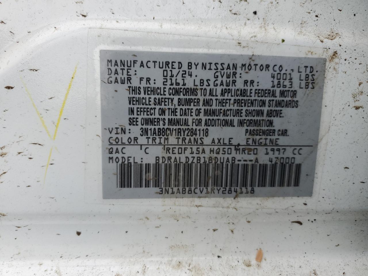 2024 NISSAN SENTRA SV VIN:3N1AB8CV1RY284118