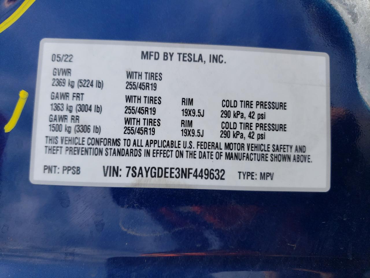 2022 TESLA MODEL Y VIN:7SAYGDEE3NF449632