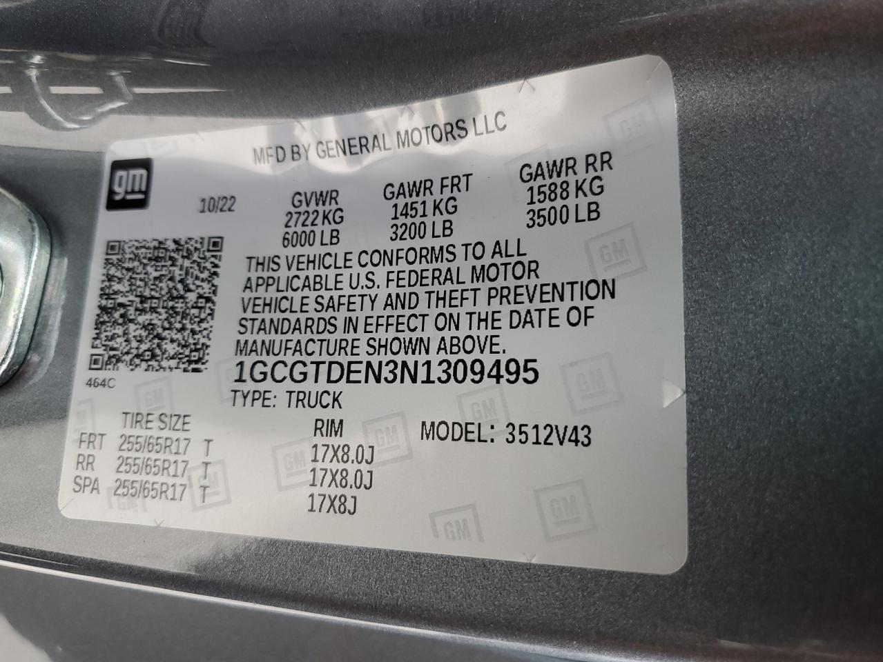 2022 CHEVROLET COLORADO Z71 VIN:1GCGTDEN3N1309495