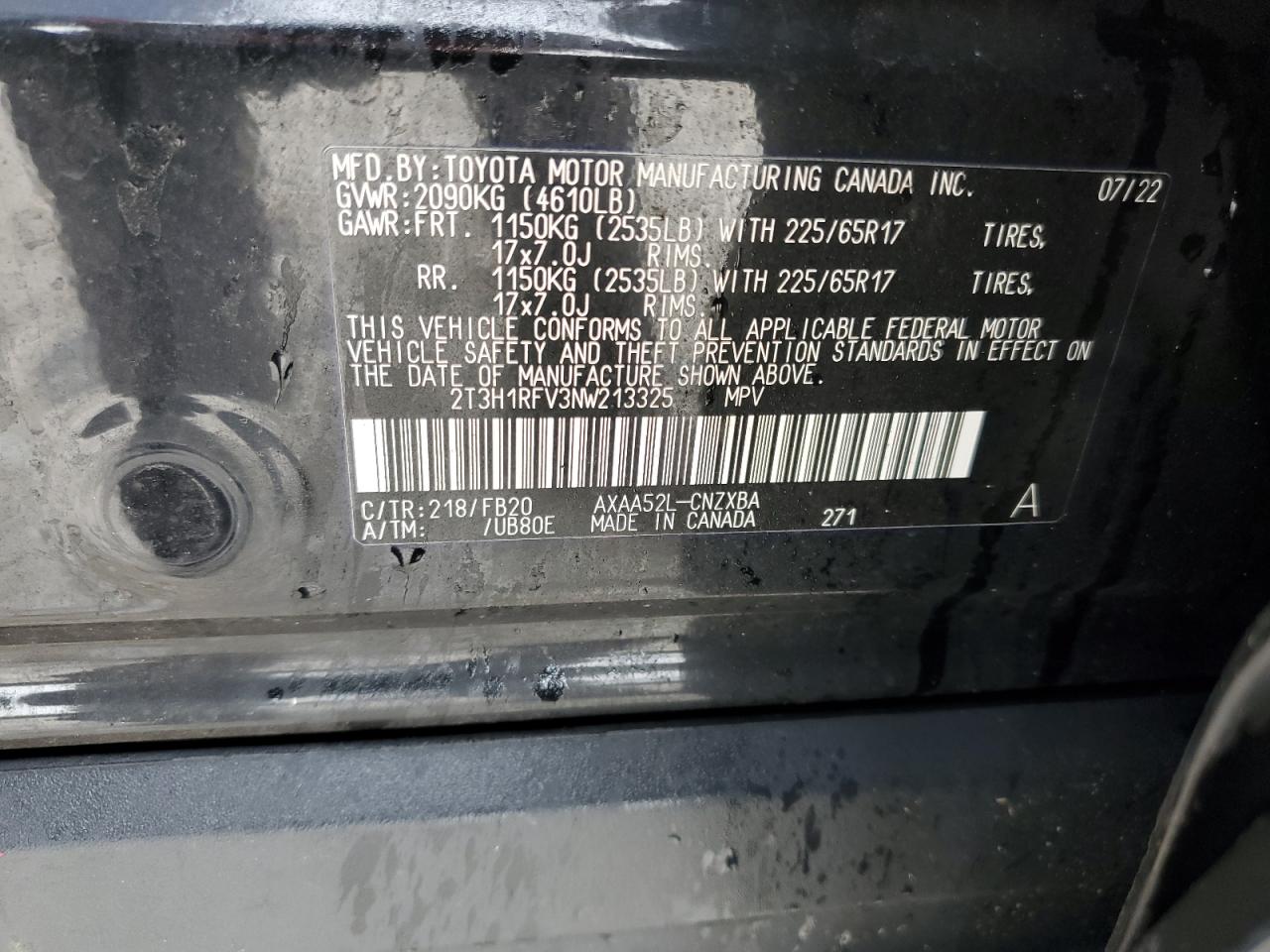 2022 TOYOTA RAV4 LE VIN:2T3H1RFV3NW213325