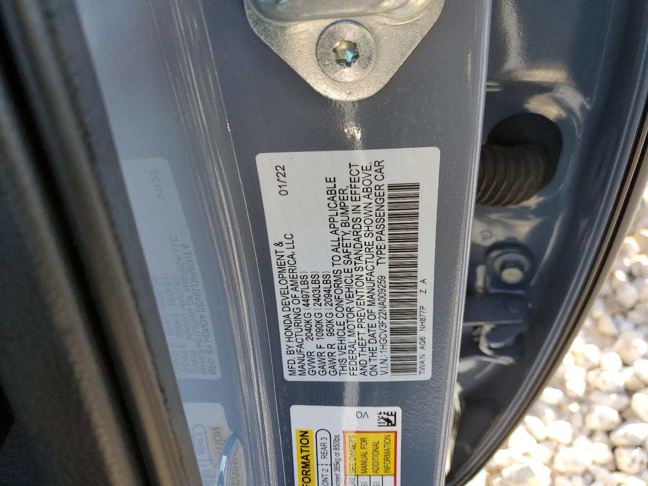 2022 HONDA ACCORD HYBRID SPORT VIN:1HGCV3F22NA009259