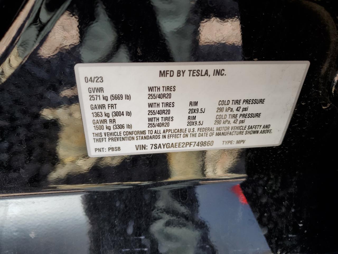2023 TESLA MODEL Y VIN:7SAYGAEE2PF749860