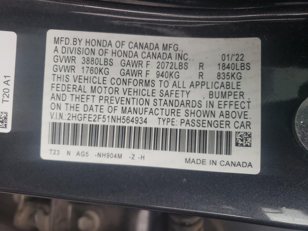 2022 HONDA CIVIC SPORT VIN:2HGFE2F51NH564934