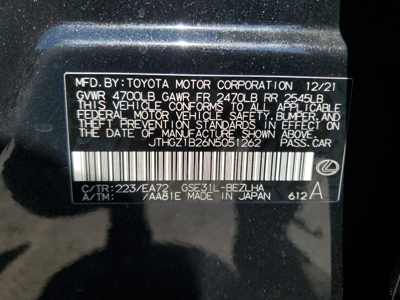 2022 LEXUS IS 350 F SPORT VIN:JTHGZ1B26N5051262