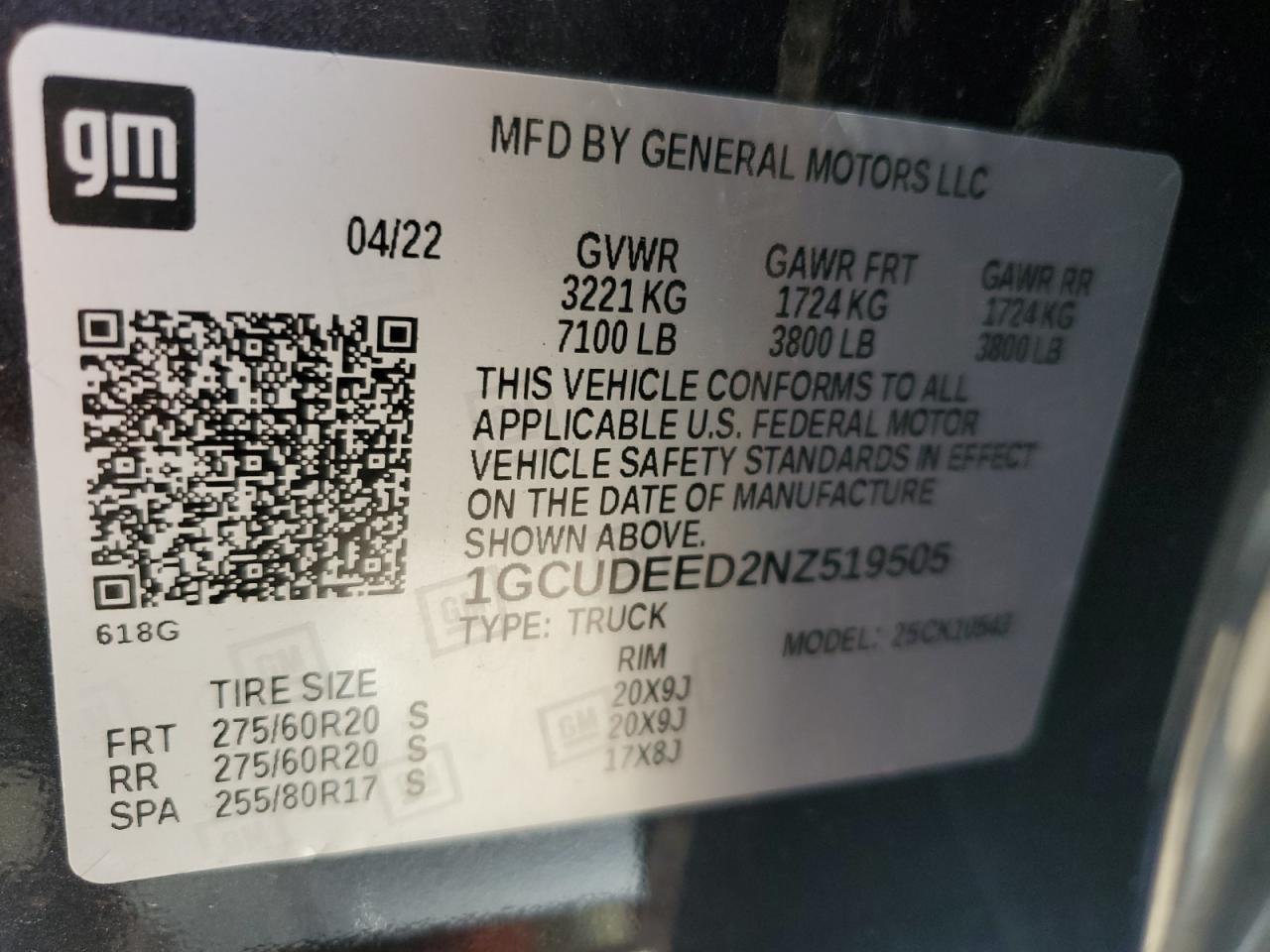 2022 CHEVROLET SILVERADO K1500 RST VIN:1GCUDEED2NZ519505