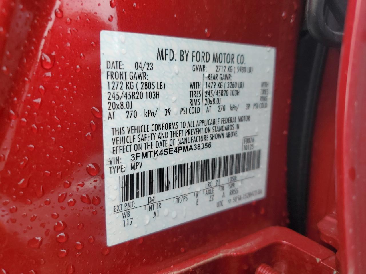 2023 FORD MUSTANG MACH-E GT VIN:3FMTK4SE4PMA38356