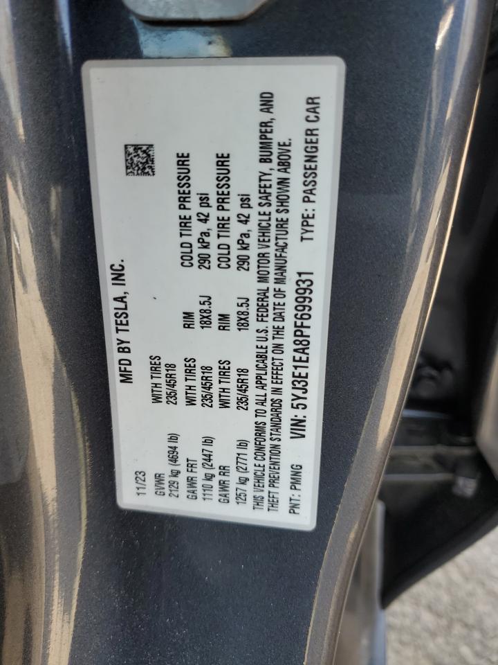 2023 TESLA MODEL 3 VIN:5YJ3E1EA8PF699931