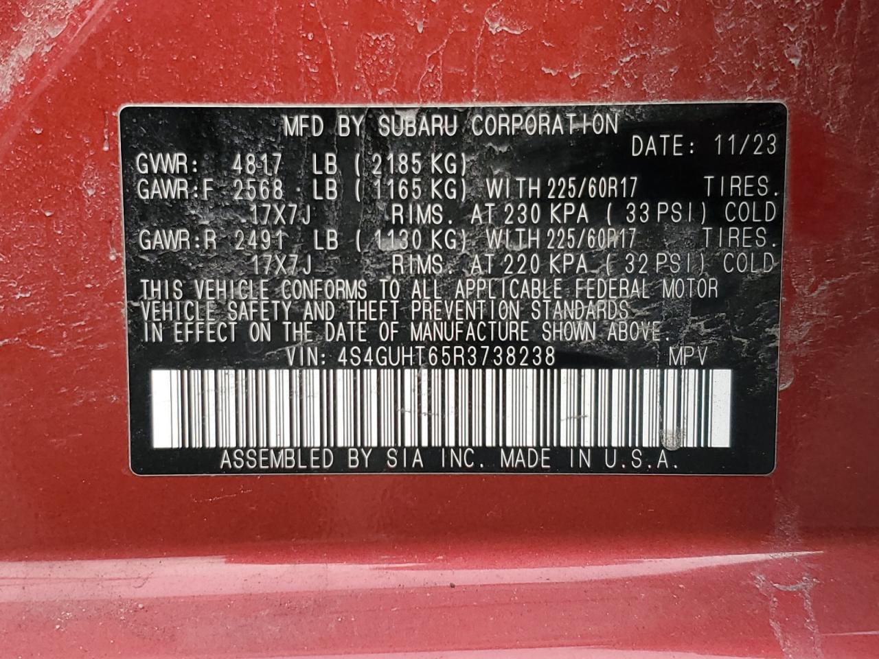 2024 SUBARU CROSSTREK WILDERNESS VIN:4S4GUHT65R3738238