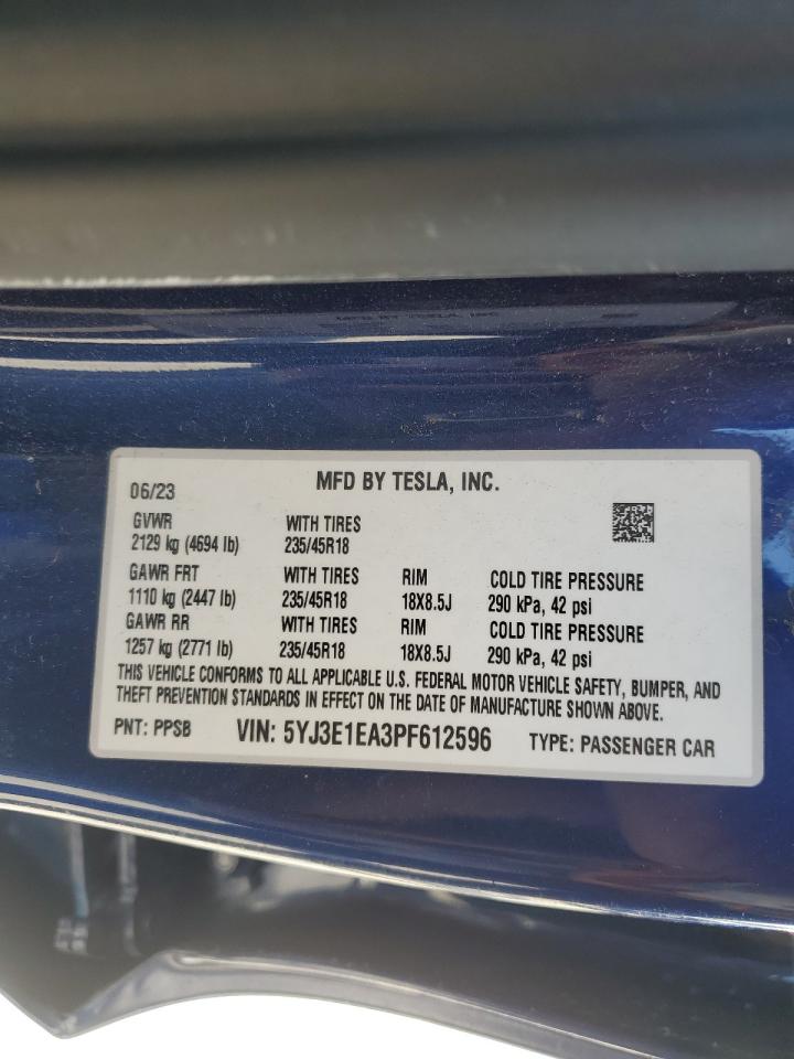 2023 TESLA MODEL 3 VIN:5YJ3E1EA3PF612596