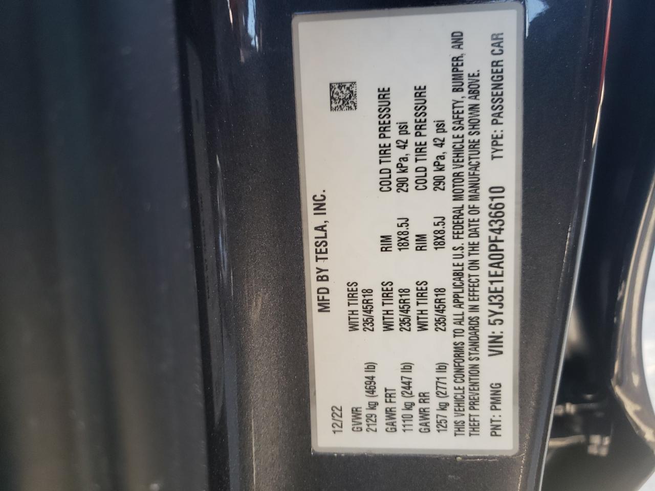 2023 TESLA MODEL 3 VIN:5YJ3E1EA0PF436610
