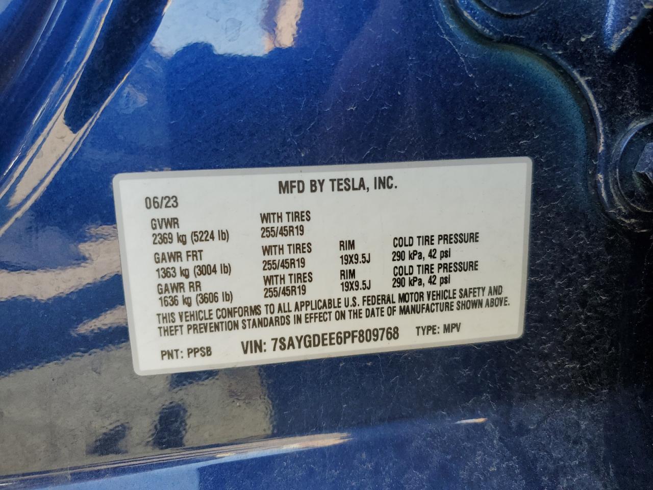 2023 TESLA MODEL Y VIN:7SAYGDEE6PF809768