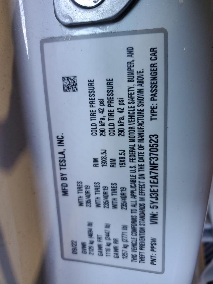 2022 TESLA MODEL 3 VIN:5YJ3E1EA7NF370523