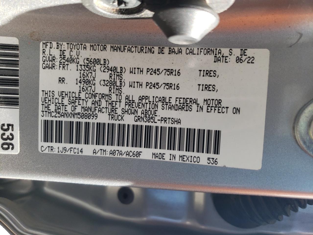 2022 TOYOTA TACOMA DOUBLE CAB VIN:3TMCZ5ANXNM508099