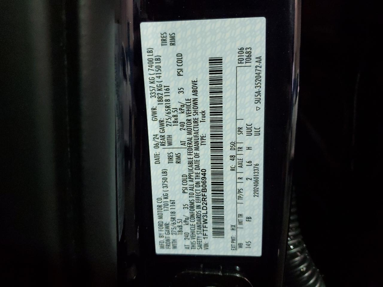 2024 FORD F150 XLT VIN:1FTFW3LD2RFB06940
