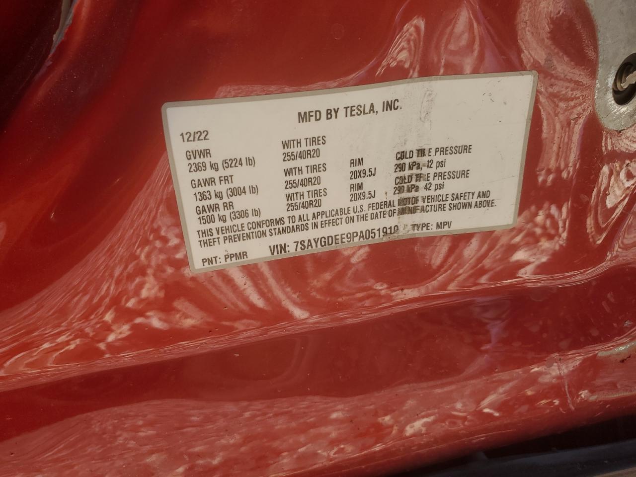 2023 TESLA MODEL Y VIN:7SAYGDEE9PA051910