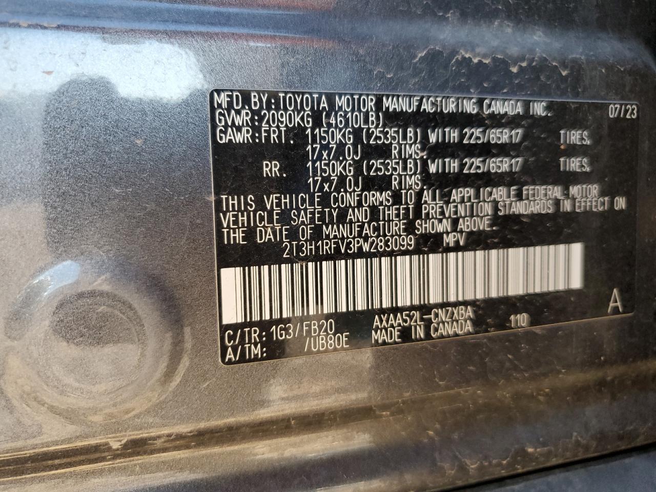 2023 TOYOTA RAV4 LE VIN:2T3H1RFV3PW283099