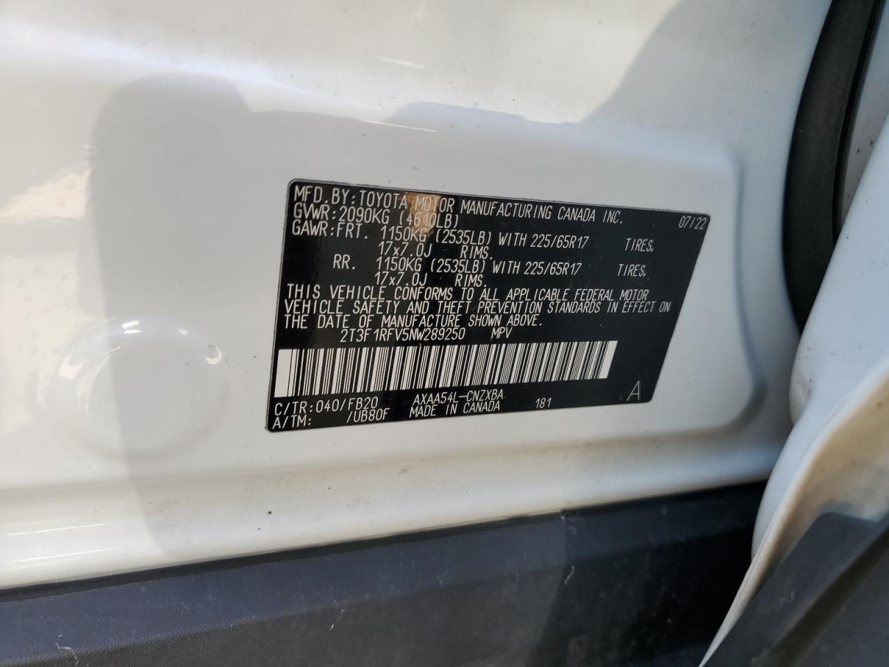 2022 TOYOTA RAV4 LE VIN:2T3F1RFV5NW289250